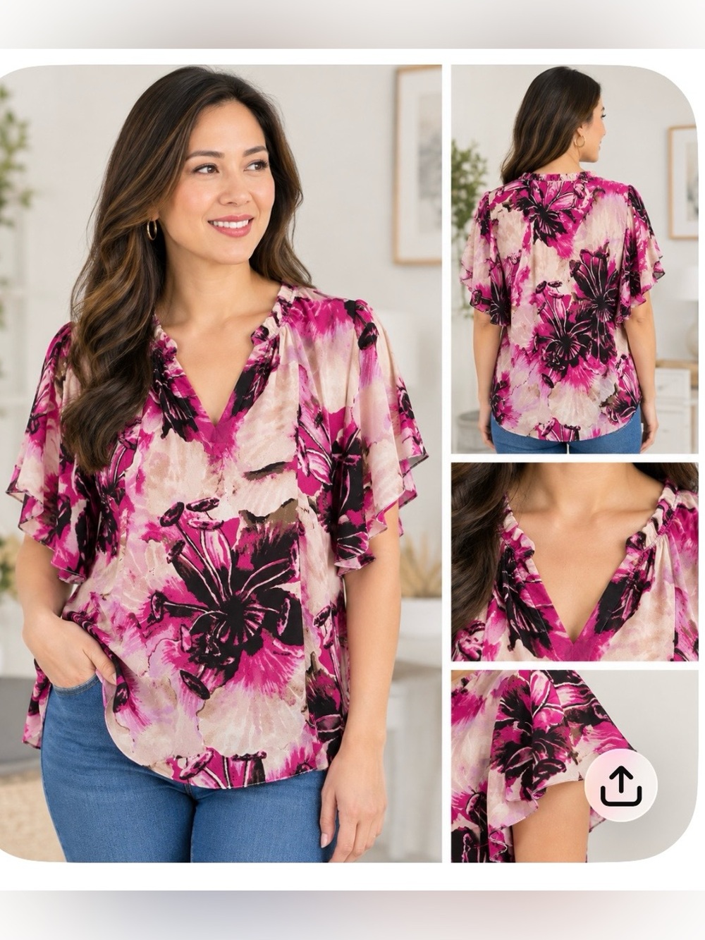 Kaari Blue Fuchsia Floral V-Neck Flutter Sleeve Blouse